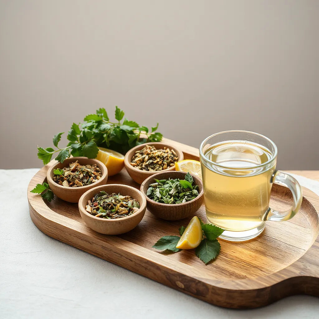 Fresh and dried detoxification herbs arranged on a wooden tray with herbal tea in a glass