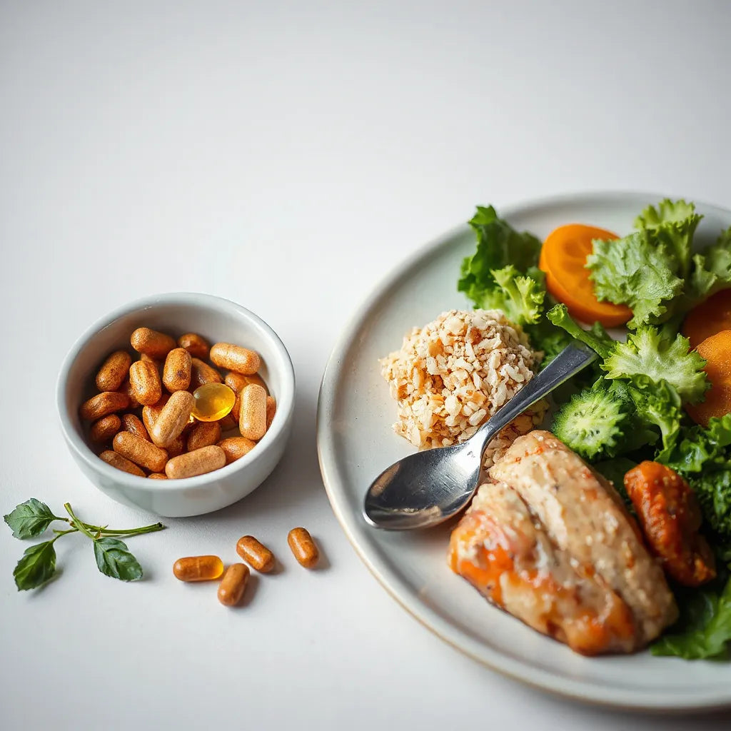 Supplement capsule and balanced meal ingredients on a minimalist table