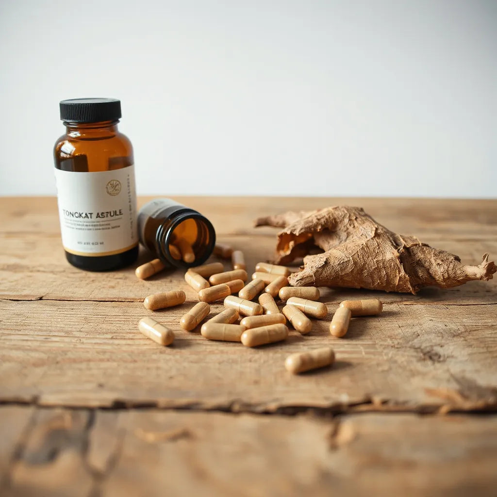 Capsules and a tongkat ali root on a wooden table with a clean, minimalist background
