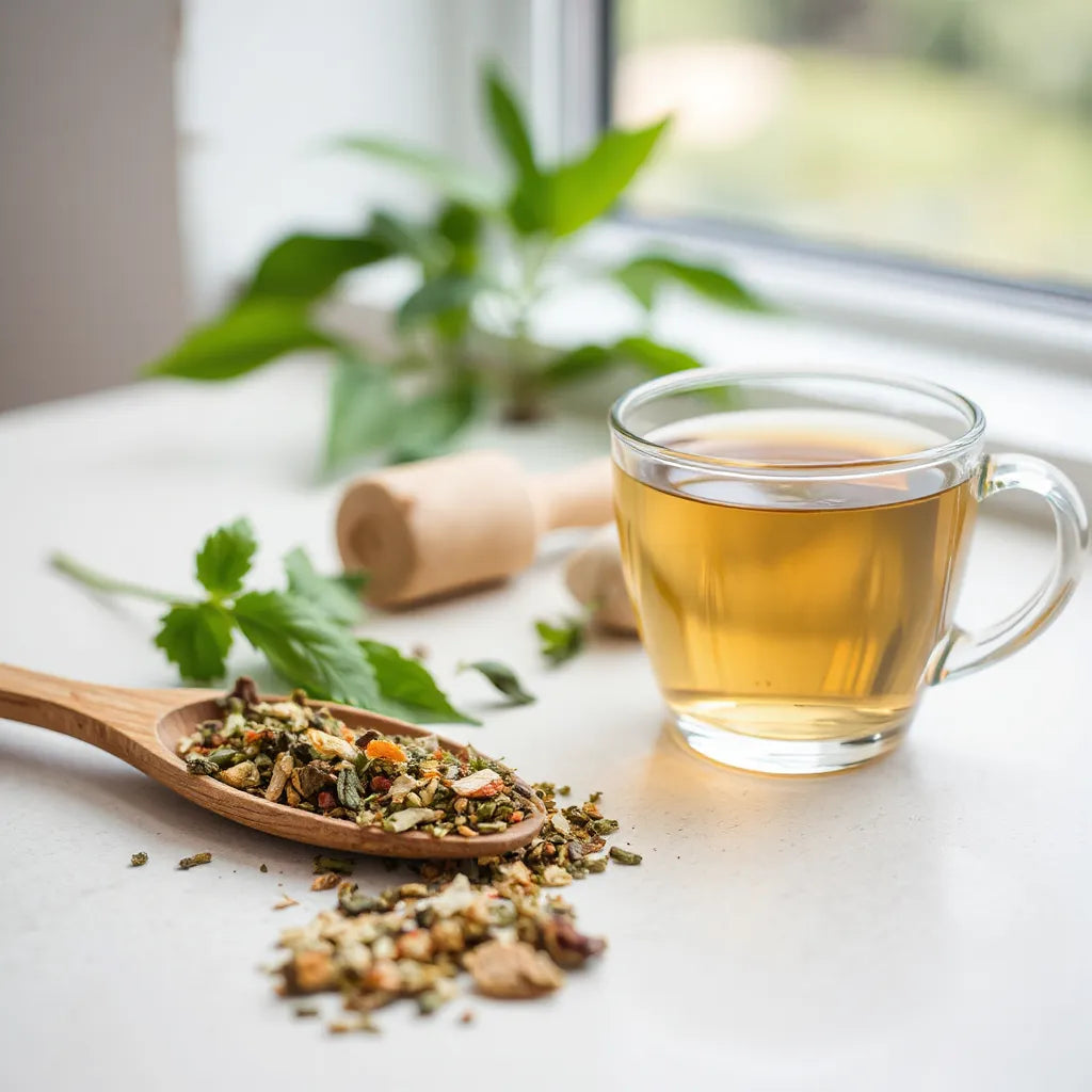 Dried herbal mix in a wooden spoon beside a glass jar and warm herbal tea