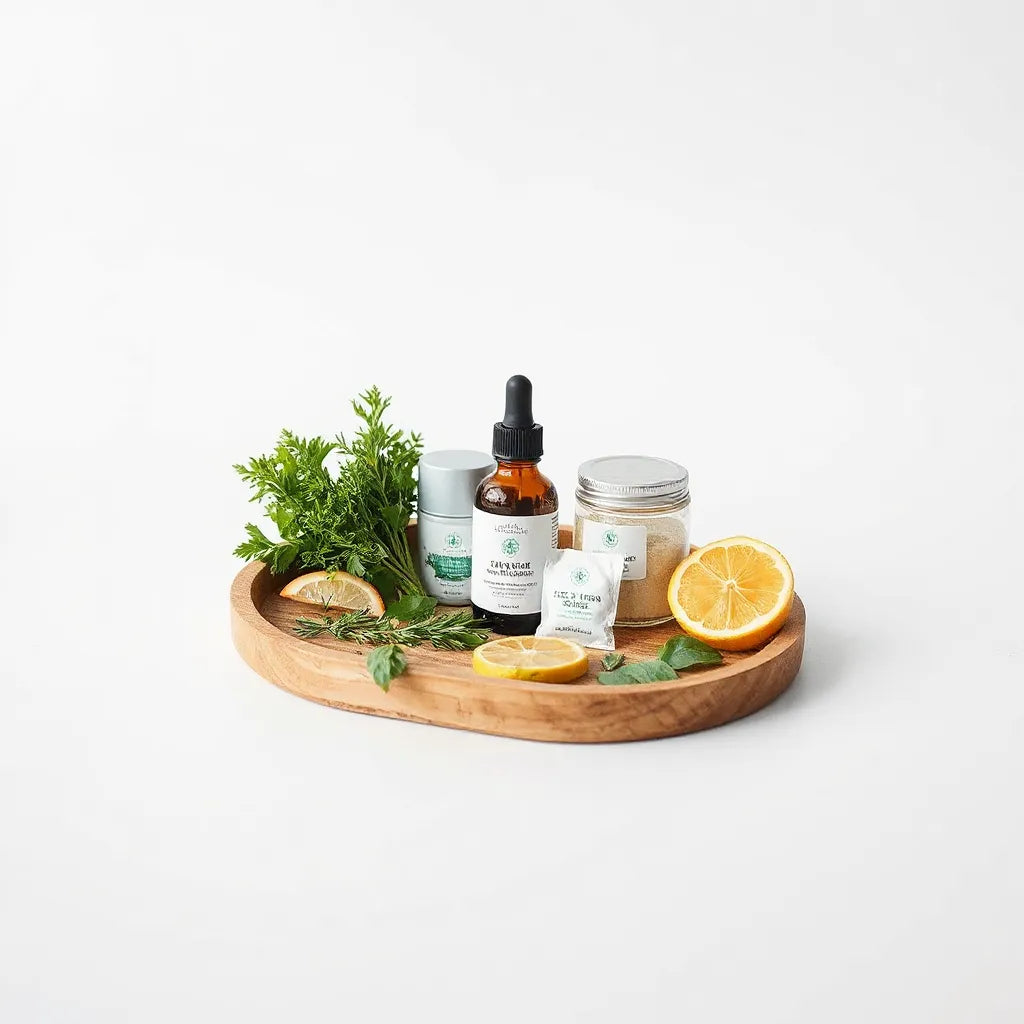 Wooden tray with herbal wellness bottles and jars, surrounded by fresh herbs and citrus on a light background.