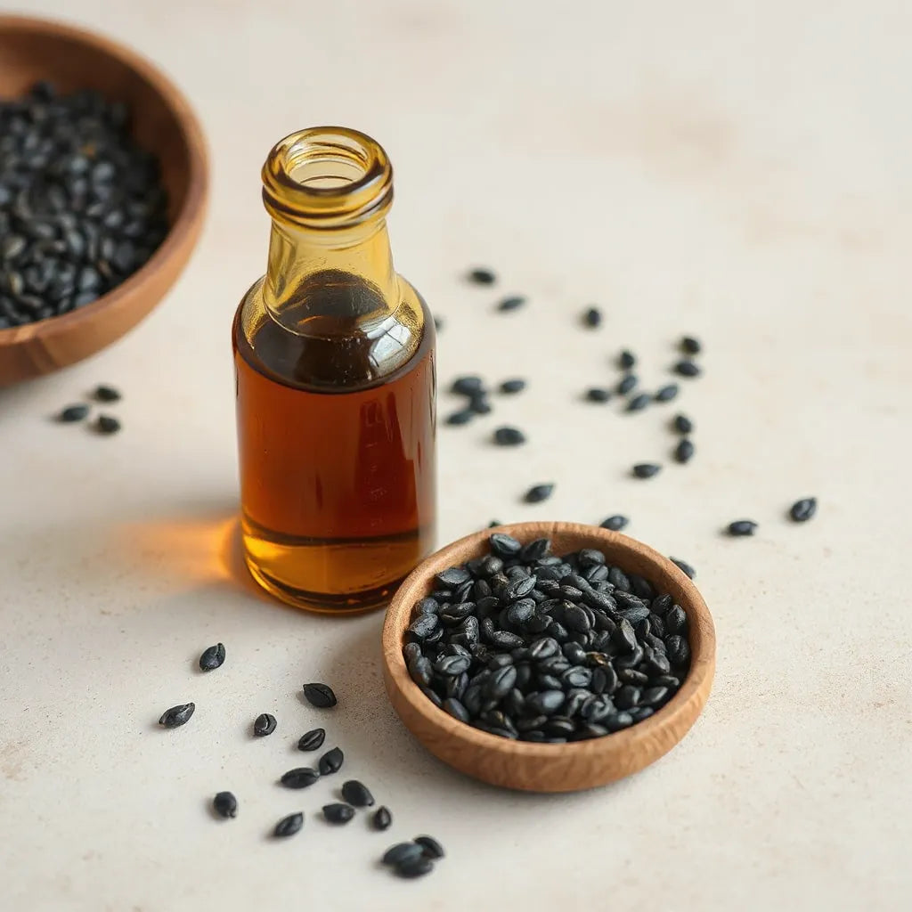 Dark amber organic black seed oil in a glass bottle beside black seeds on a light background