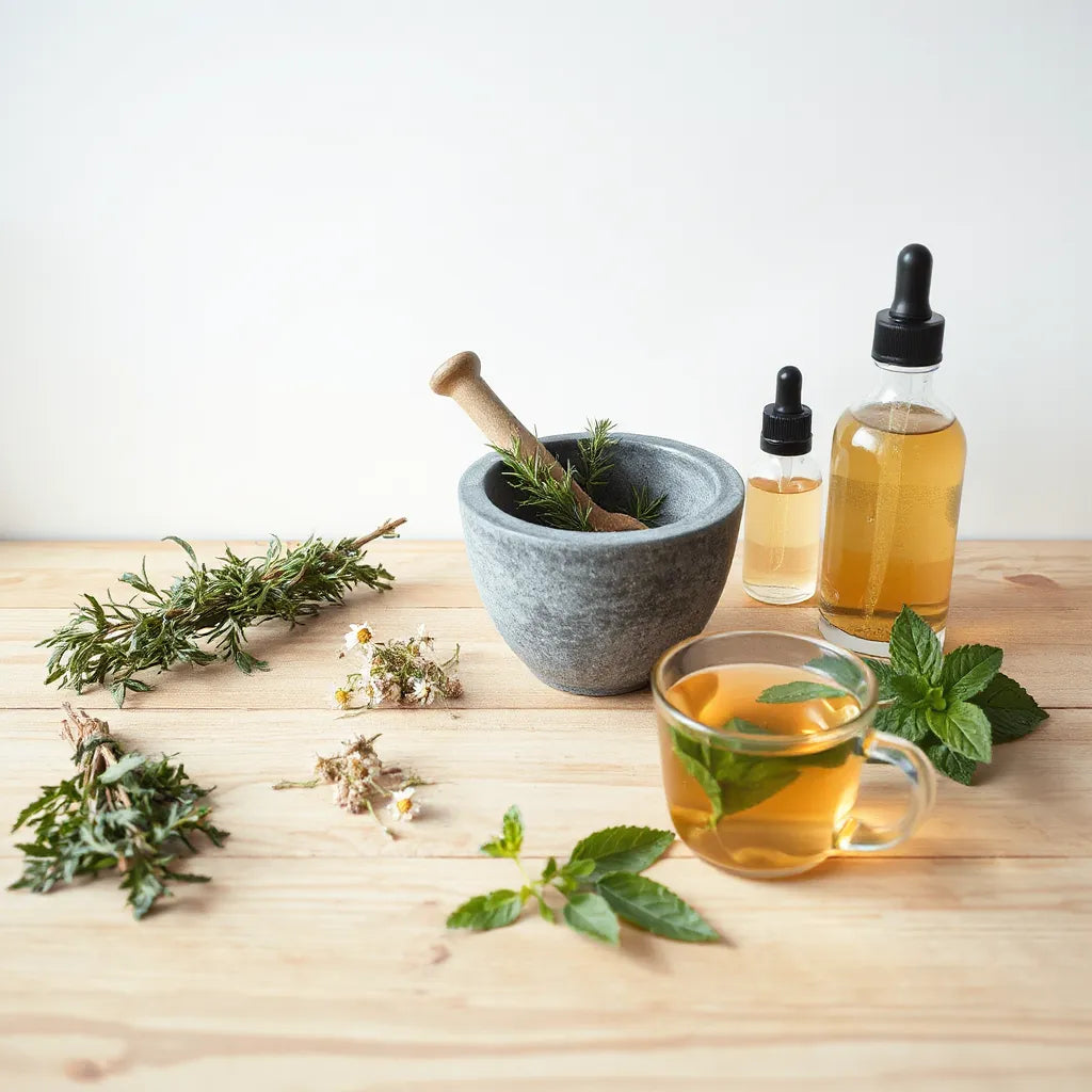 Fresh herb bundles, mortar and pestle, and a cup of herbal tea on a light wooden table