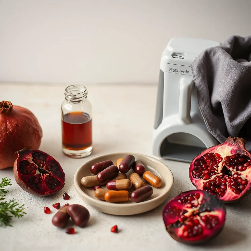 Blood-support supplement bottle with capsules beside pomegranate and beet slices on a clean tray