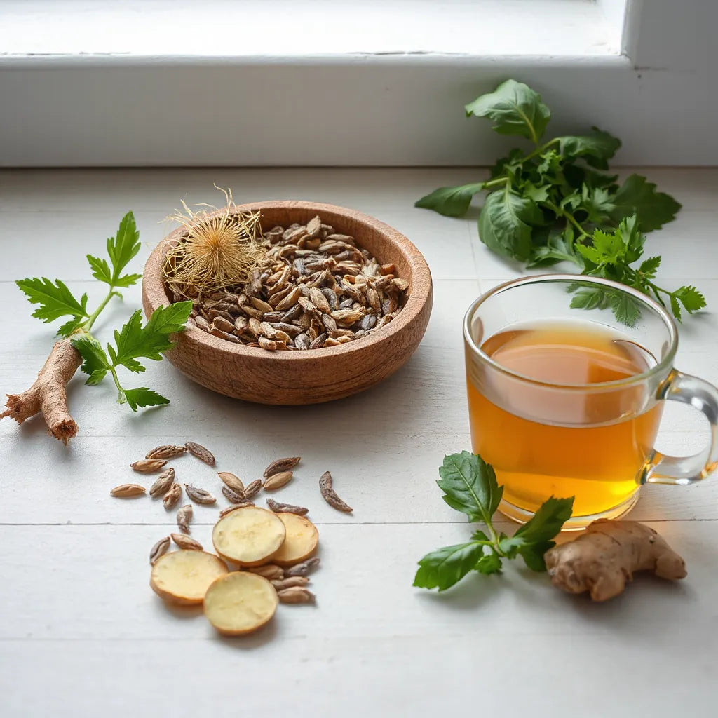 Dried liver-support herbs and warm herbal tea on a clean kitchen counter