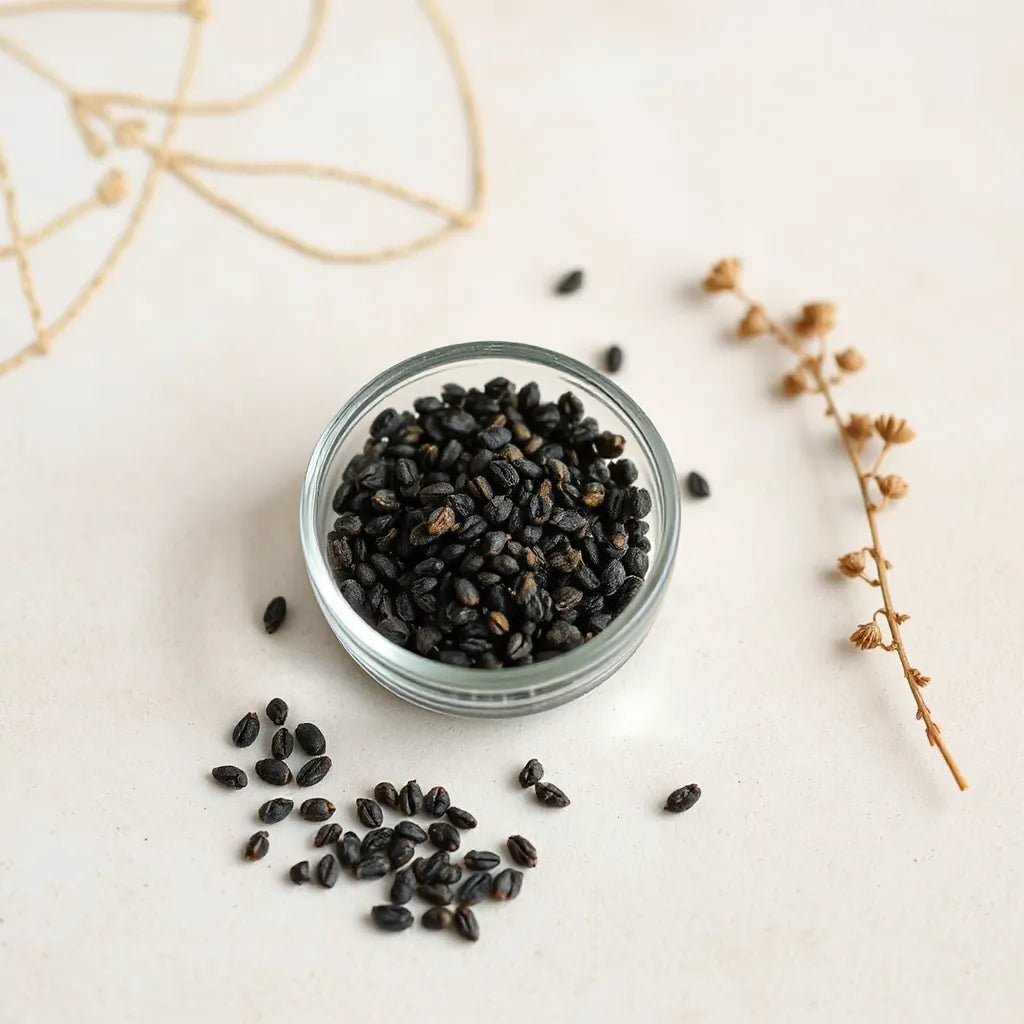 Black cumin seeds in a glass bowl with a few dried herb sprigs on a light background