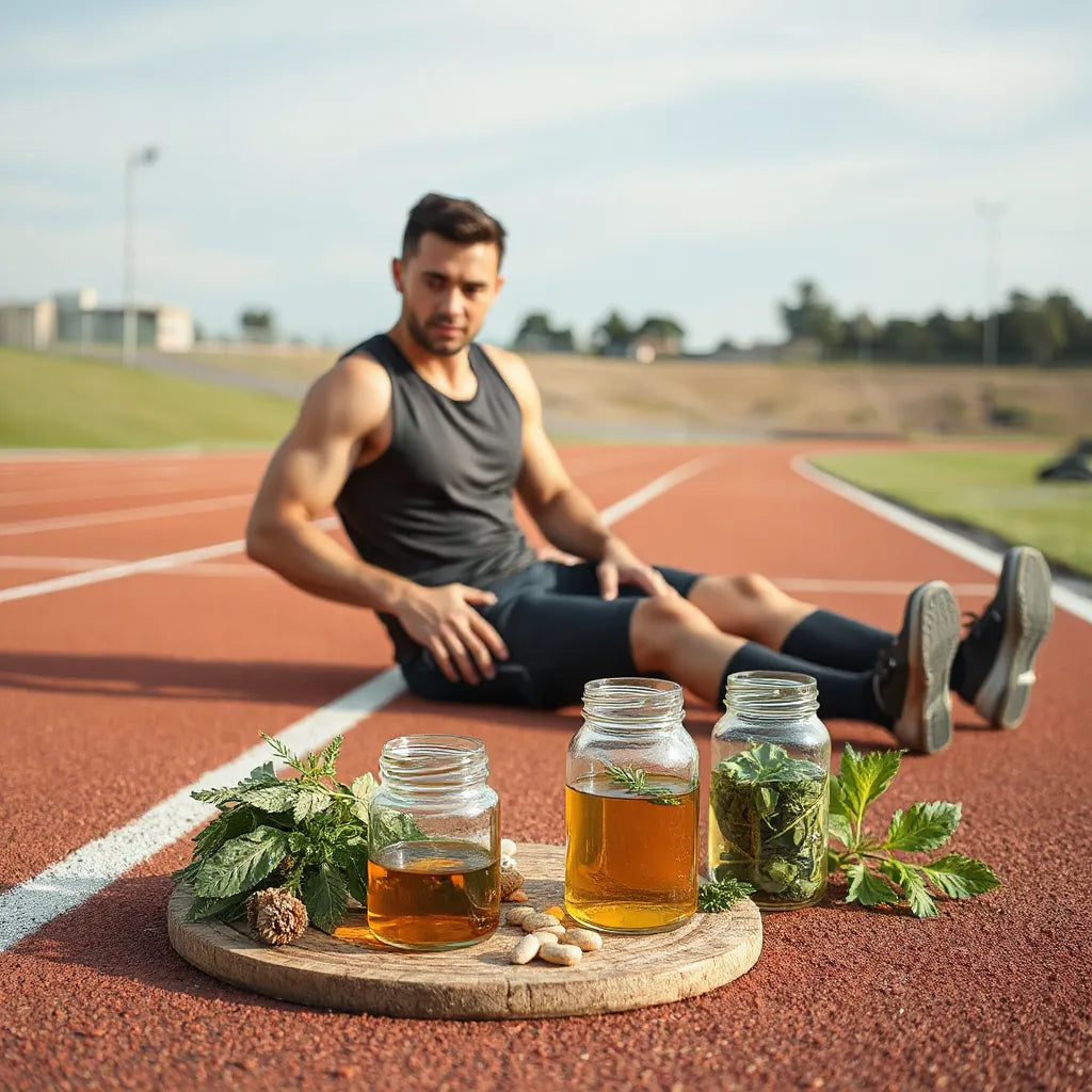 Athlete resting after training with herbal ingredients and small supplement jars on the track