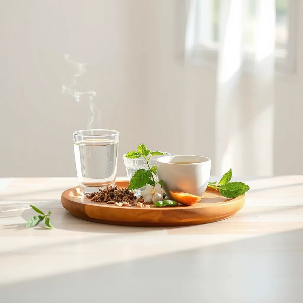 Herbal ingredients on a wooden tray with a teacup and clear water in soft natural light