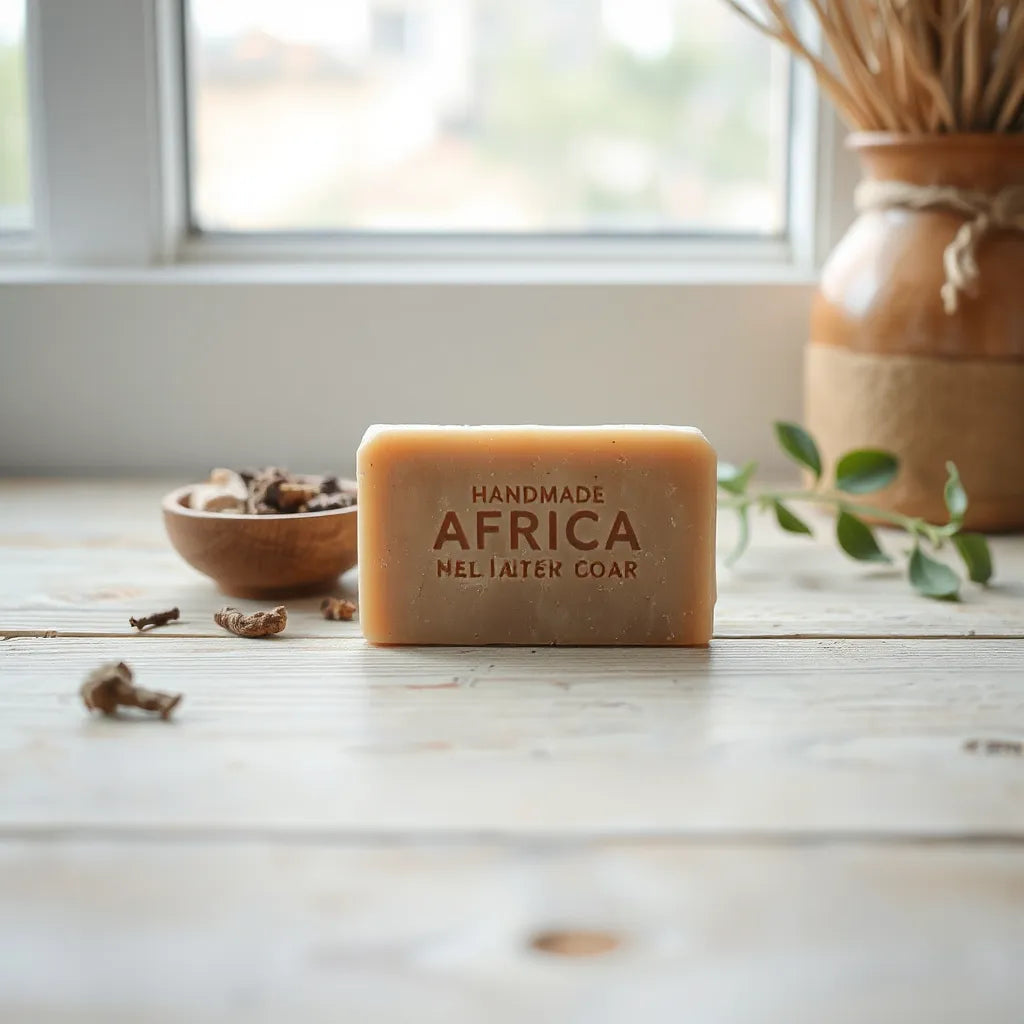 Handmade soap bar with natural ingredients and herbs on a light wooden surface