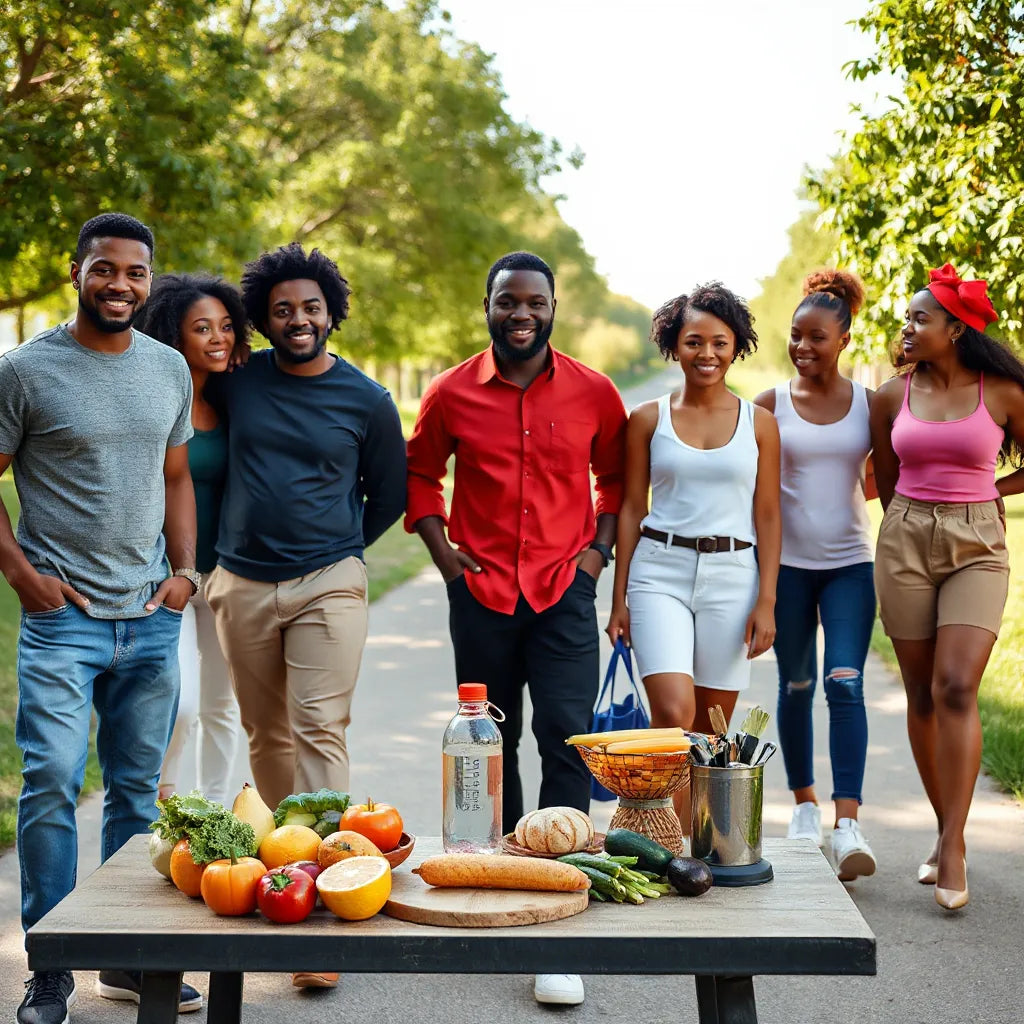 Diverse group of Black Americans outdoors with fresh produce and healthy lifestyle items