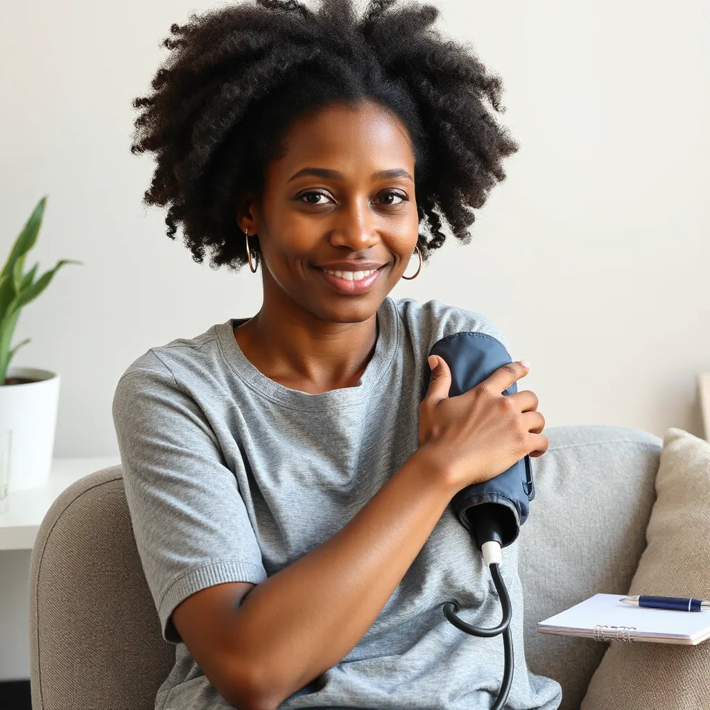 African American adult having blood pressure checked with a cuff in a clinic setting