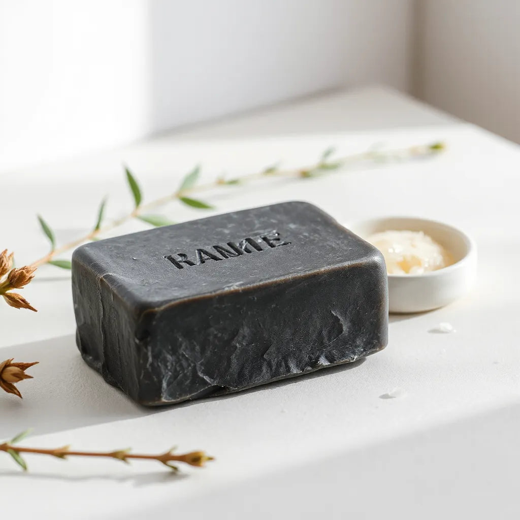 Black soap bar with a few flakes on a ceramic dish under soft natural light
