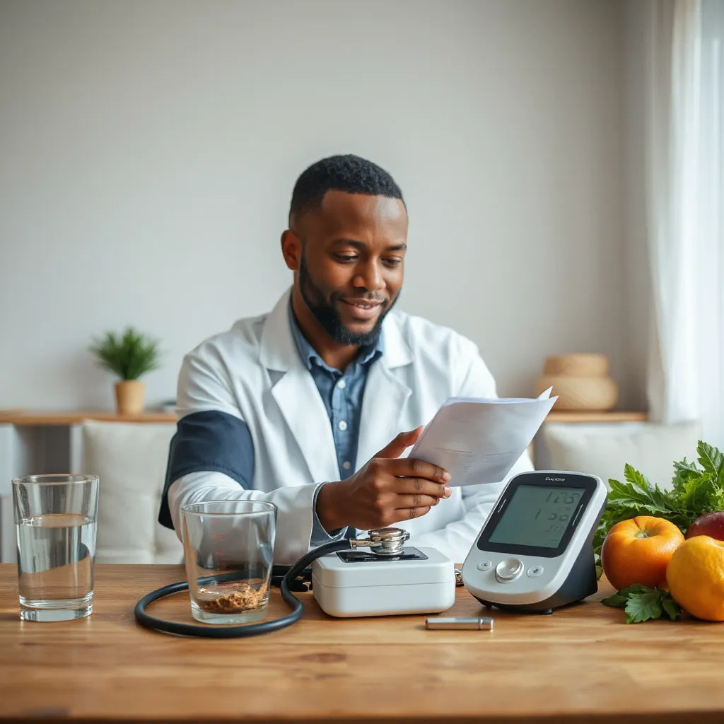 African American adult checking a blood pressure monitor while reviewing a health log at home