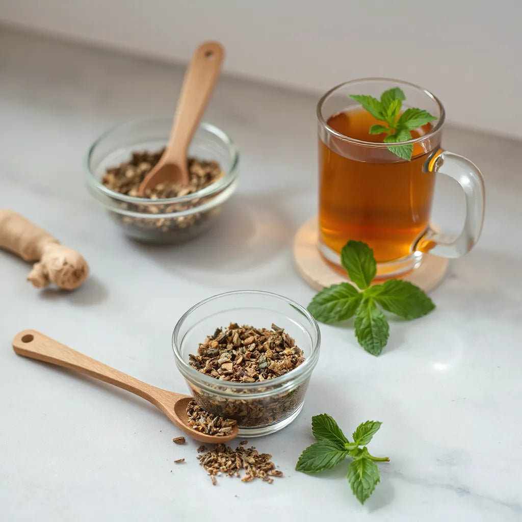 Dried herbs and fresh herb sprigs beside a glass of amber herbal drink on a kitchen counter