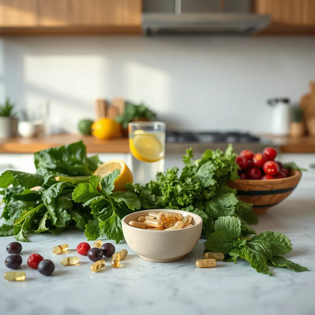 Fresh herbs and leafy greens with a glass of water and plant-based capsules on a bright countertop