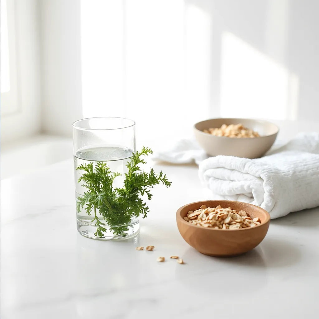 Glass of water and fiber-rich foods on a bright, uncluttered bathroom counter