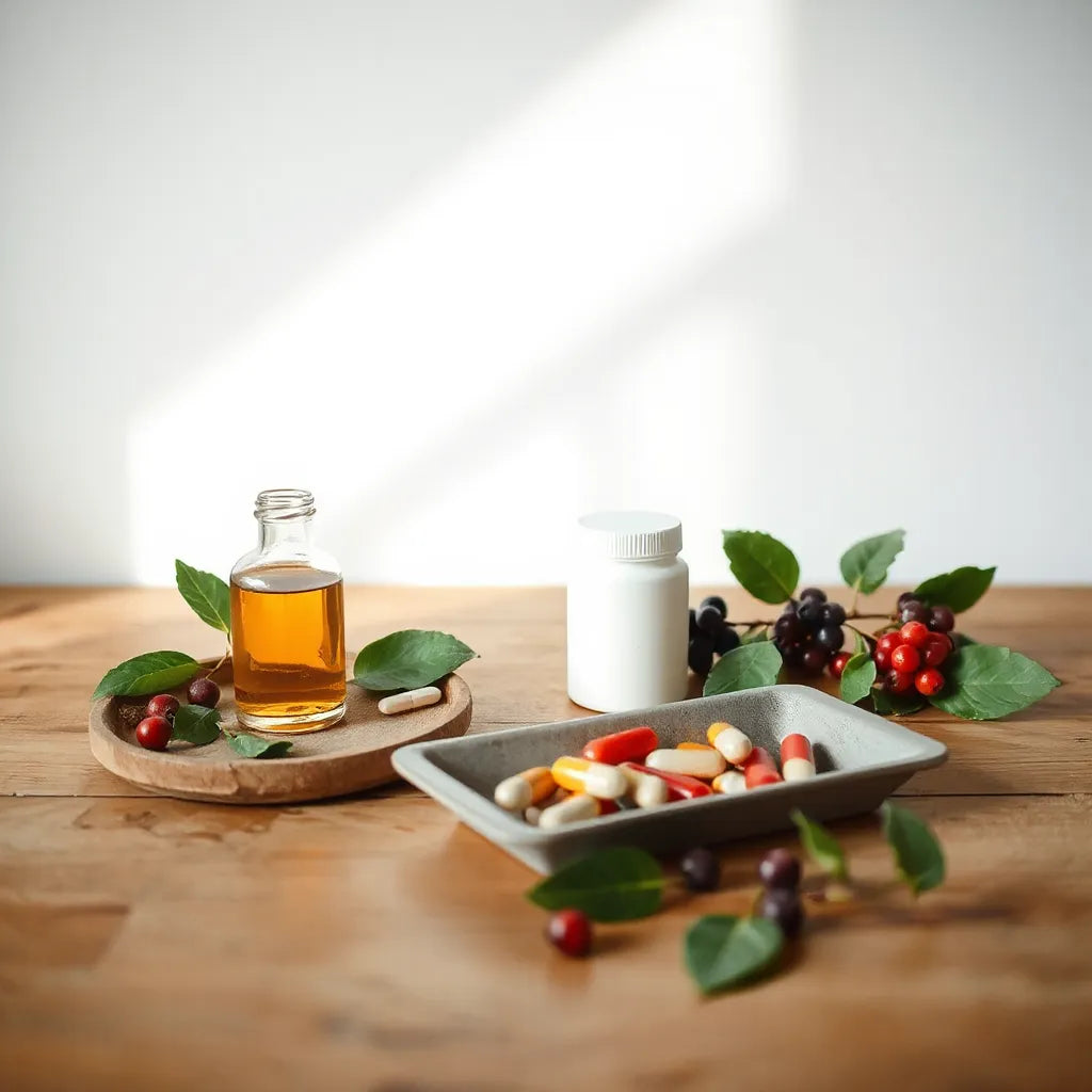 Plant-based supplement bottles and capsules with fresh green leaves on a wooden counter