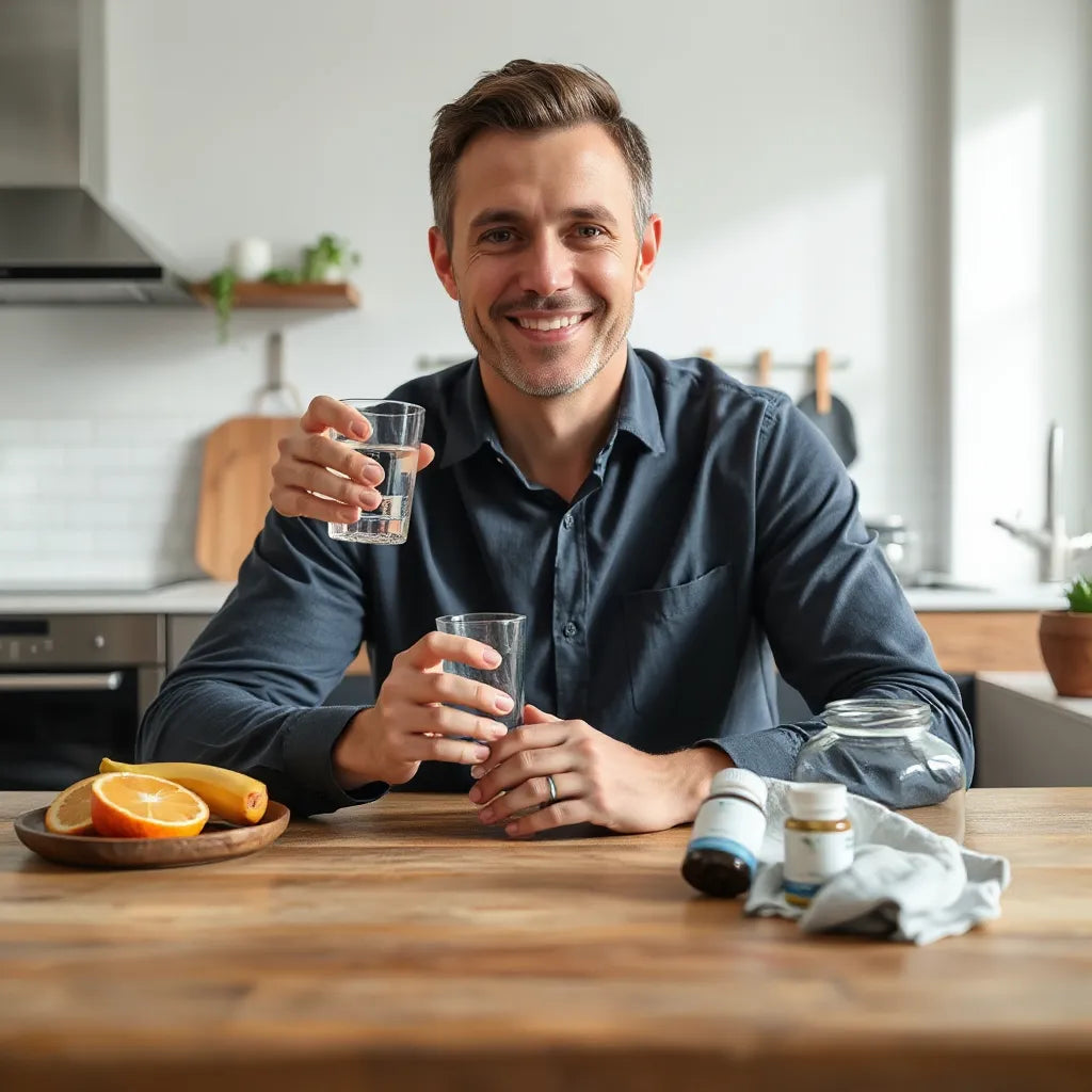 Relaxed adult man at a table with a glass of water and an unlabeled supplement bottle nearby