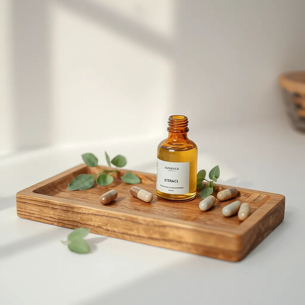 Herbal capsules on a wooden tray with fresh green botanicals and an herbal extract bottle beside them