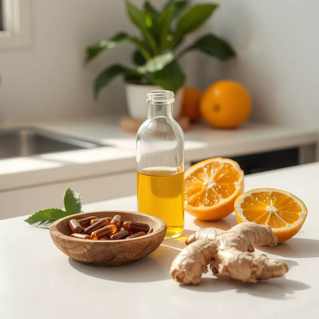 Natural supplement bottle, capsules, ginger and citrus on a bright kitchen countertop for everyday energy support