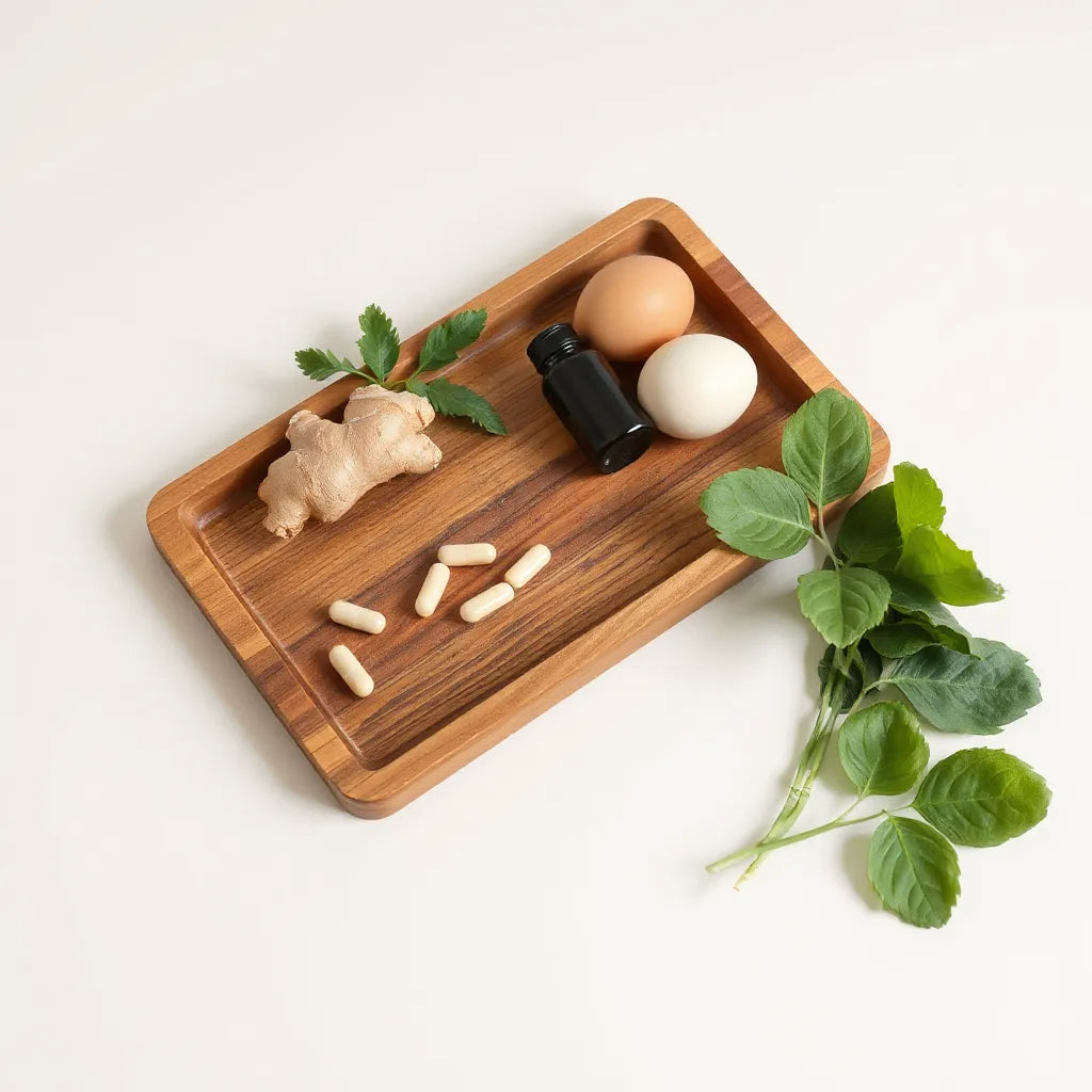 Natural supplement capsules and whole foods arranged on a wooden tray in soft daylight