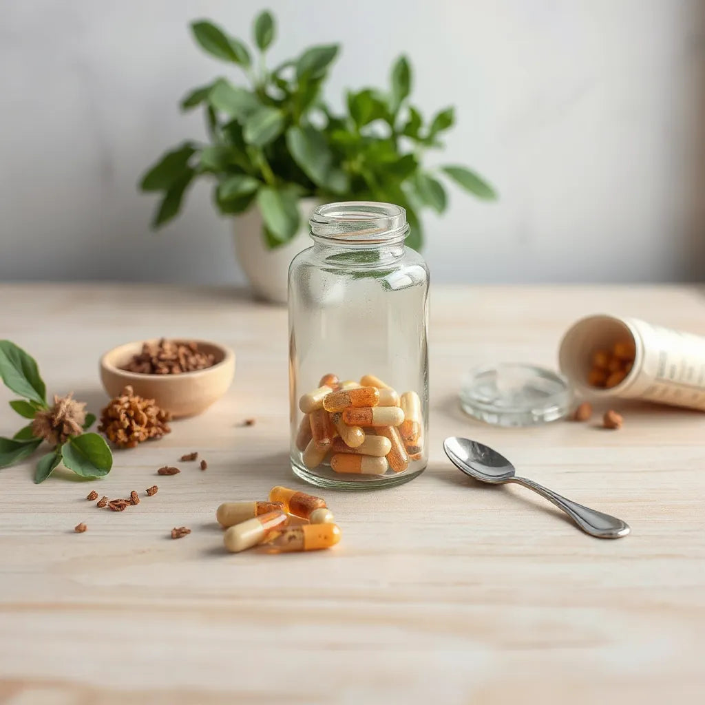 Dietary capsule bottle with a few capsules and herbal ingredients on a clean countertop