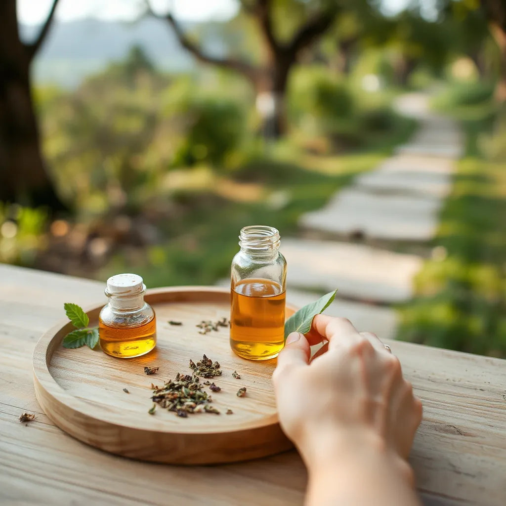 A hand holds a fresh herb leaf beside dried botanicals and an amber herbal bottle in soft morning light