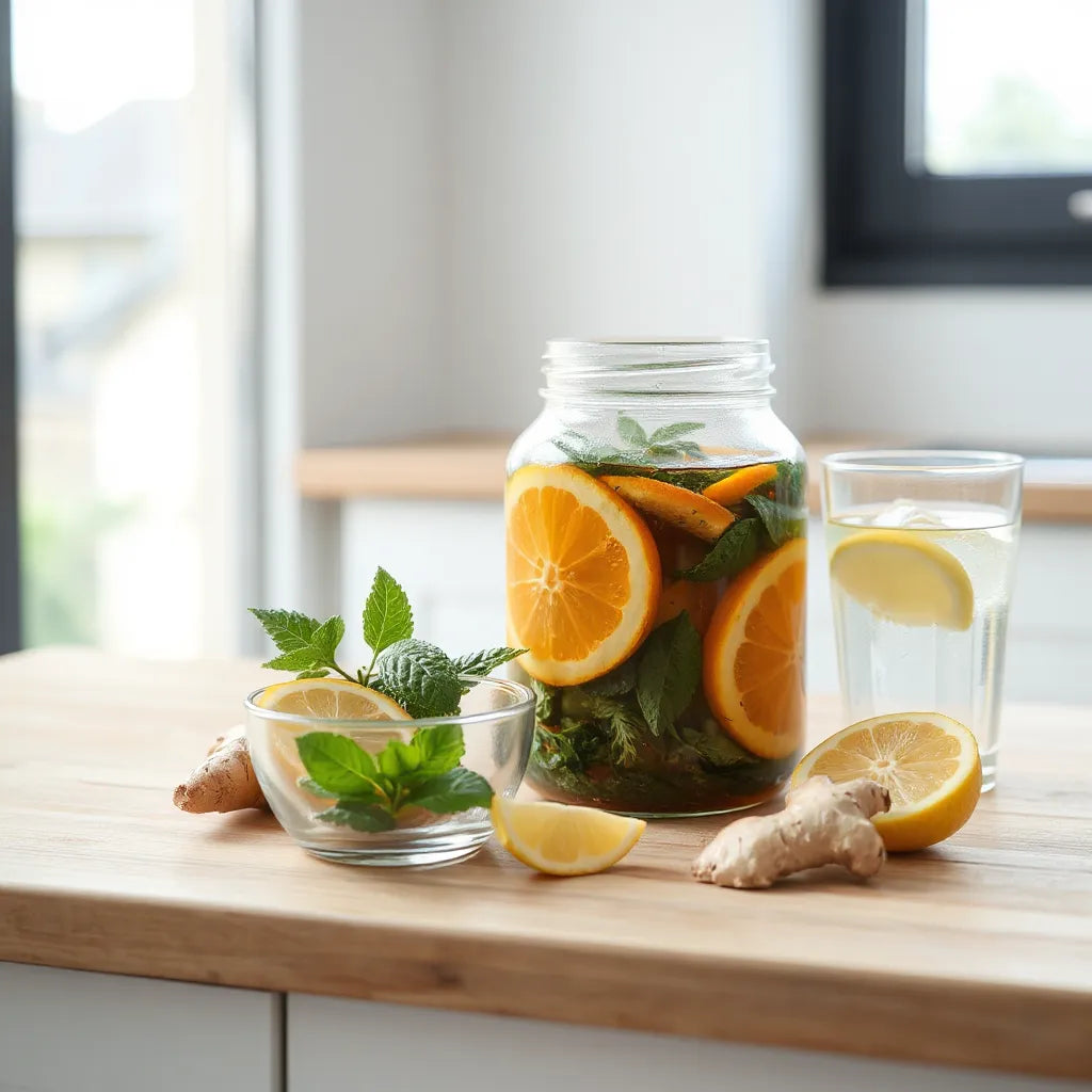 Herbal tea ingredients with lemon and ginger on a wooden kitchen counter
