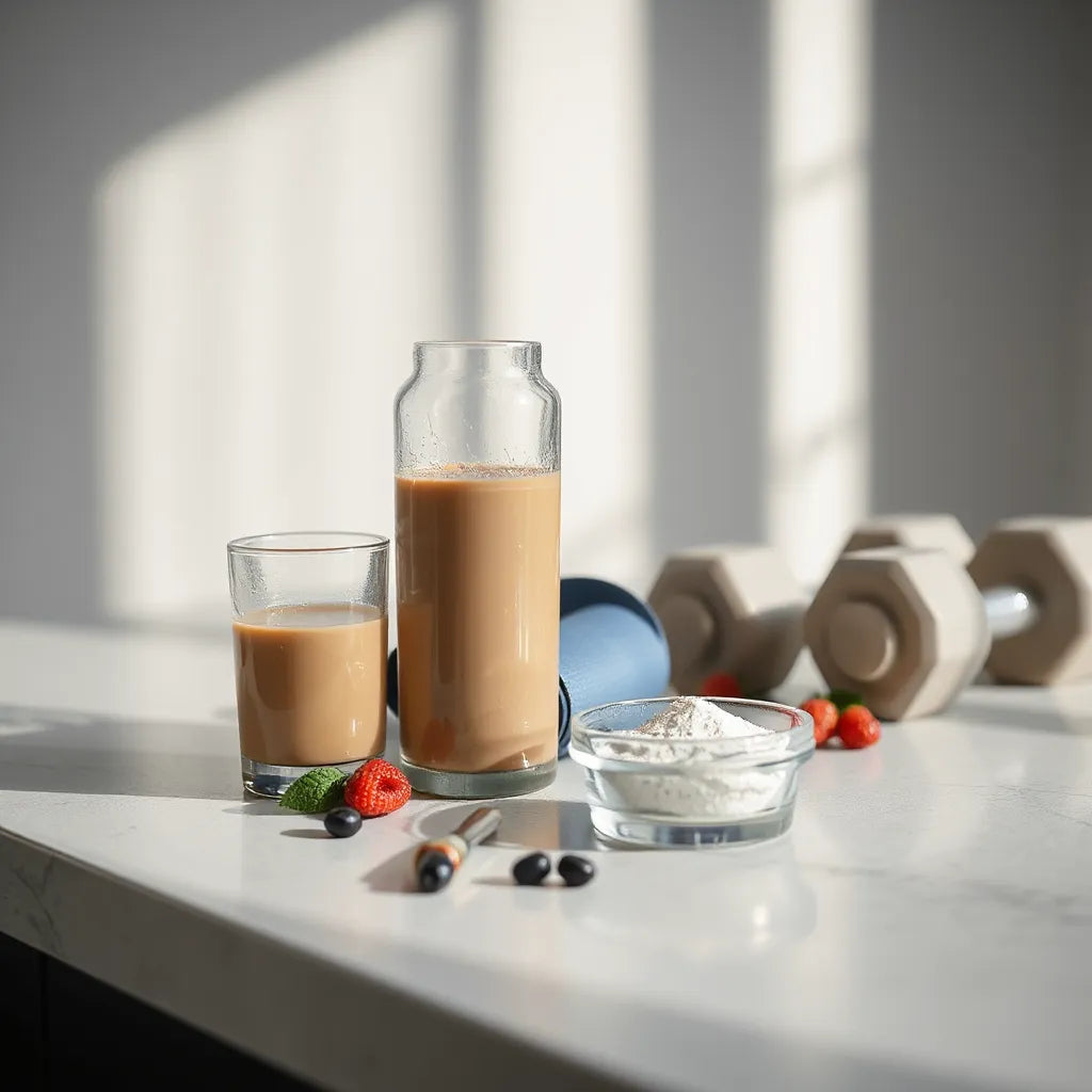 Clean workout recovery setup with shaker bottle, supplement powder dish, dumbbells, and water