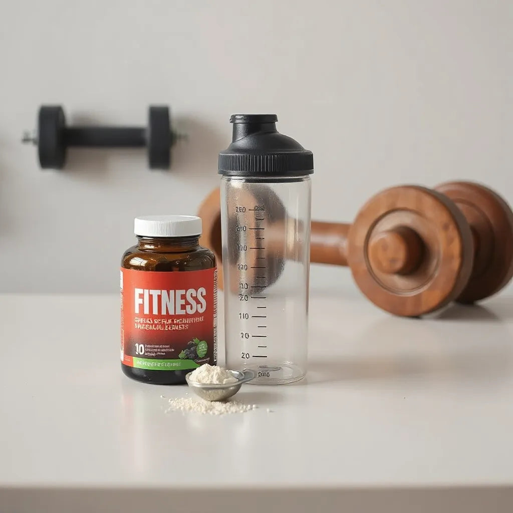 Supplement bottle and shaker with a scoop of powder on a clean counter beside blurred dumbbells