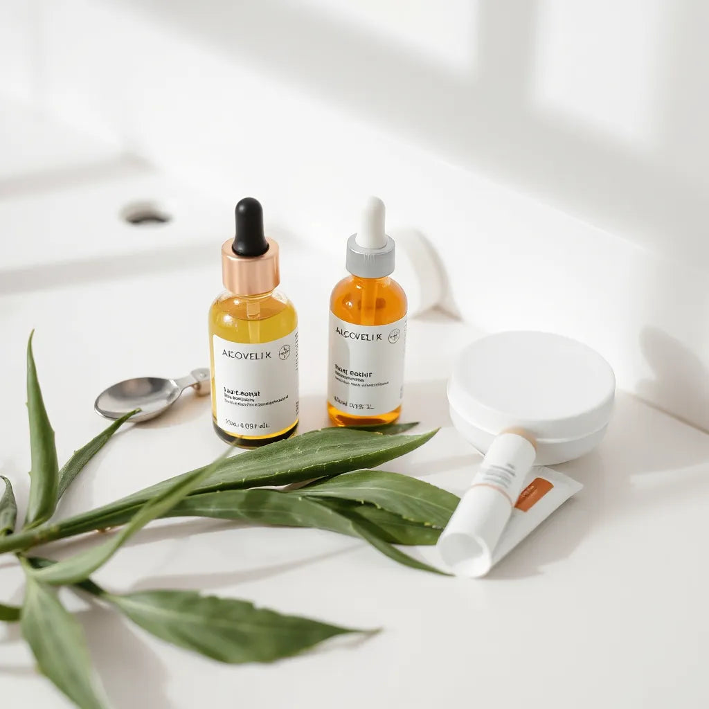 Minimal skincare products and fresh plant ingredients arranged on a white vanity.