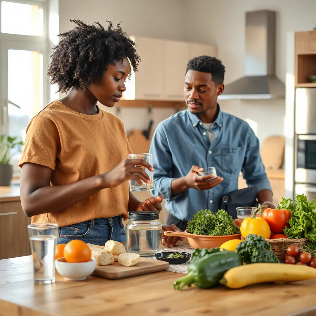 African American individuals preparing healthy food in a bright kitchen with fresh produce and water