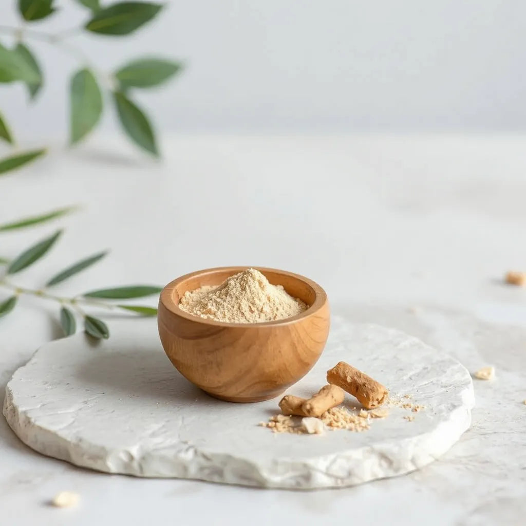 Maca root pieces and light beige maca powder in a wooden bowl on a clean stone surface