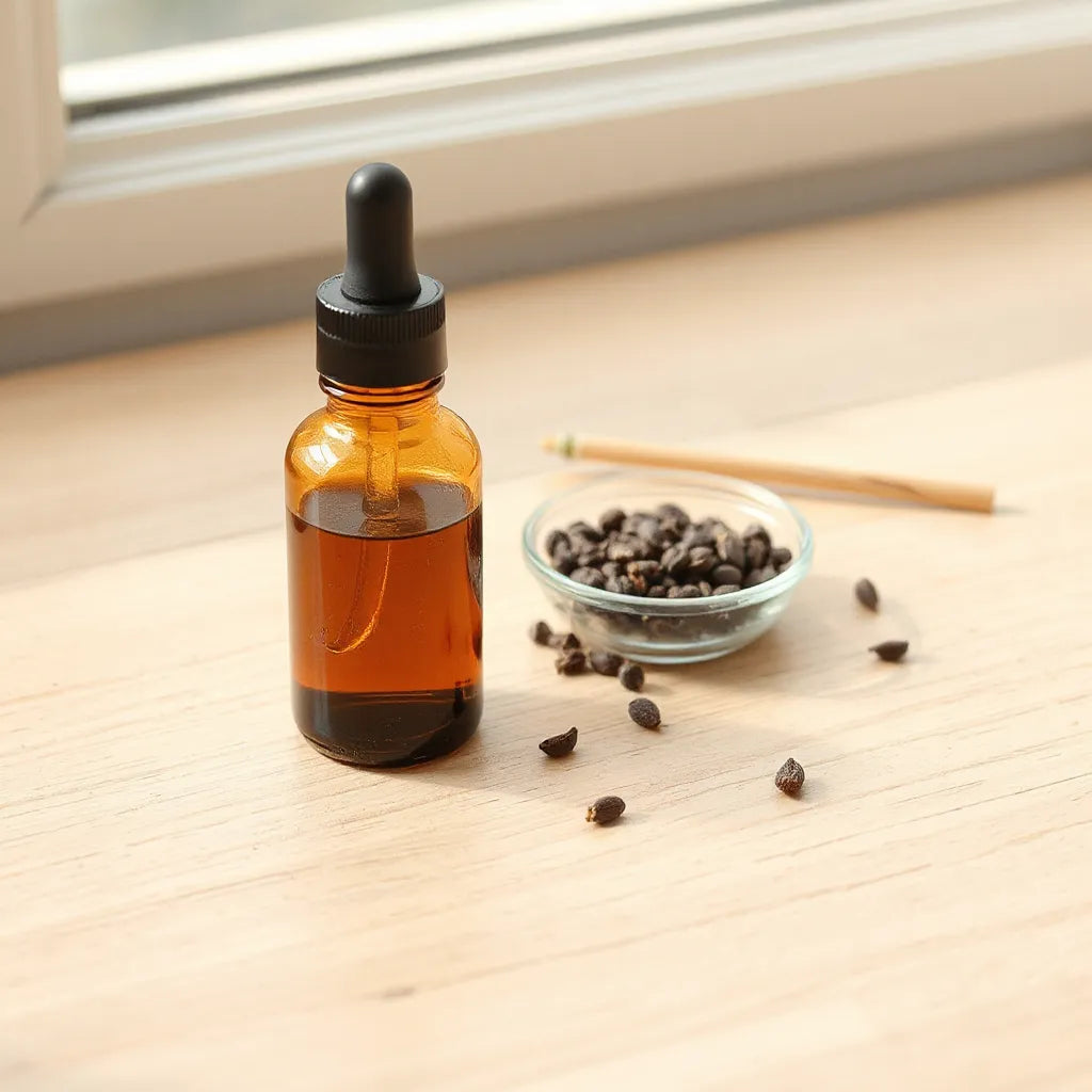 Glass bottle of black seed oil next to black cumin seeds on a light wood surface.