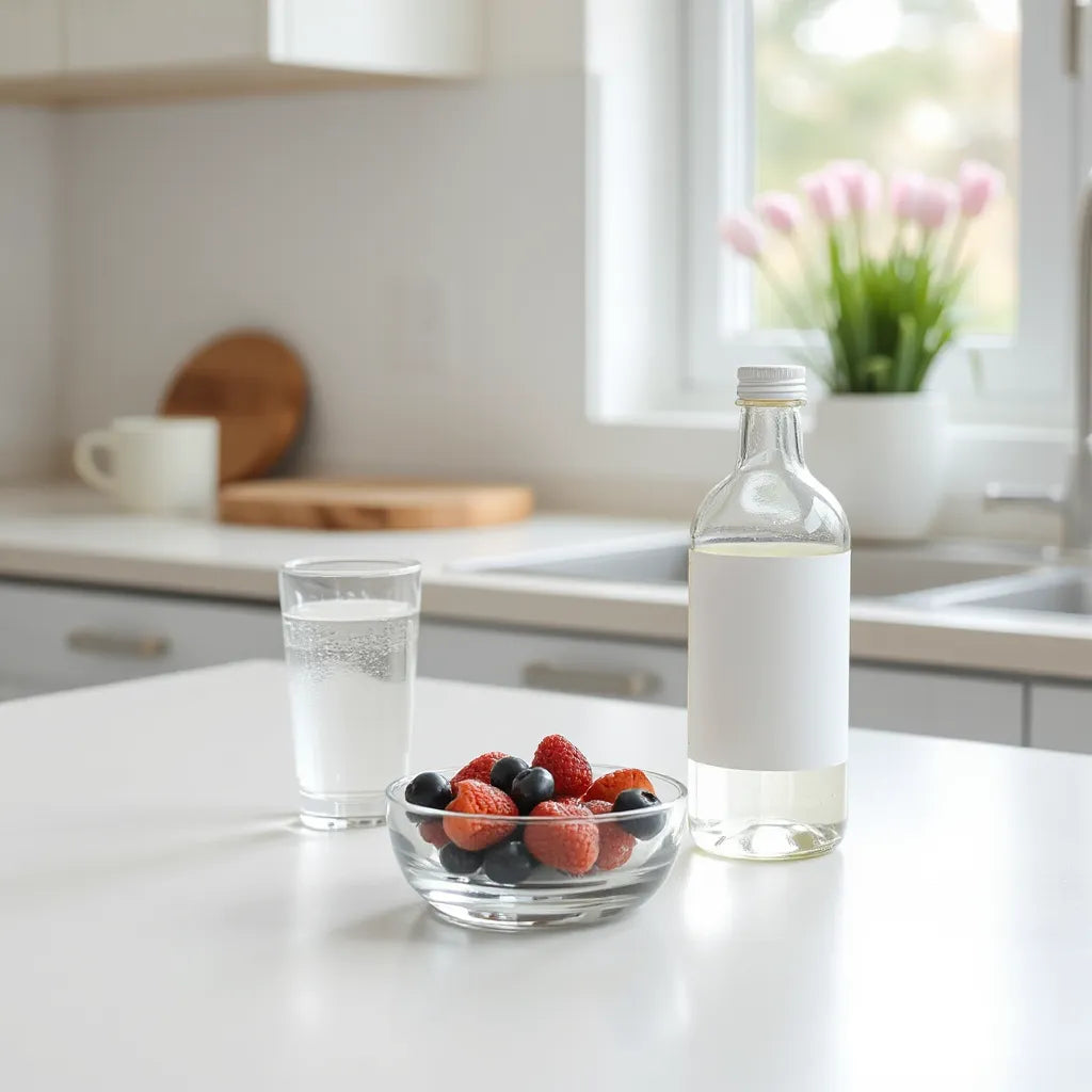 Minimalist kitchen scene with water, fresh berries, and an unlabeled supplement bottle for appetite support