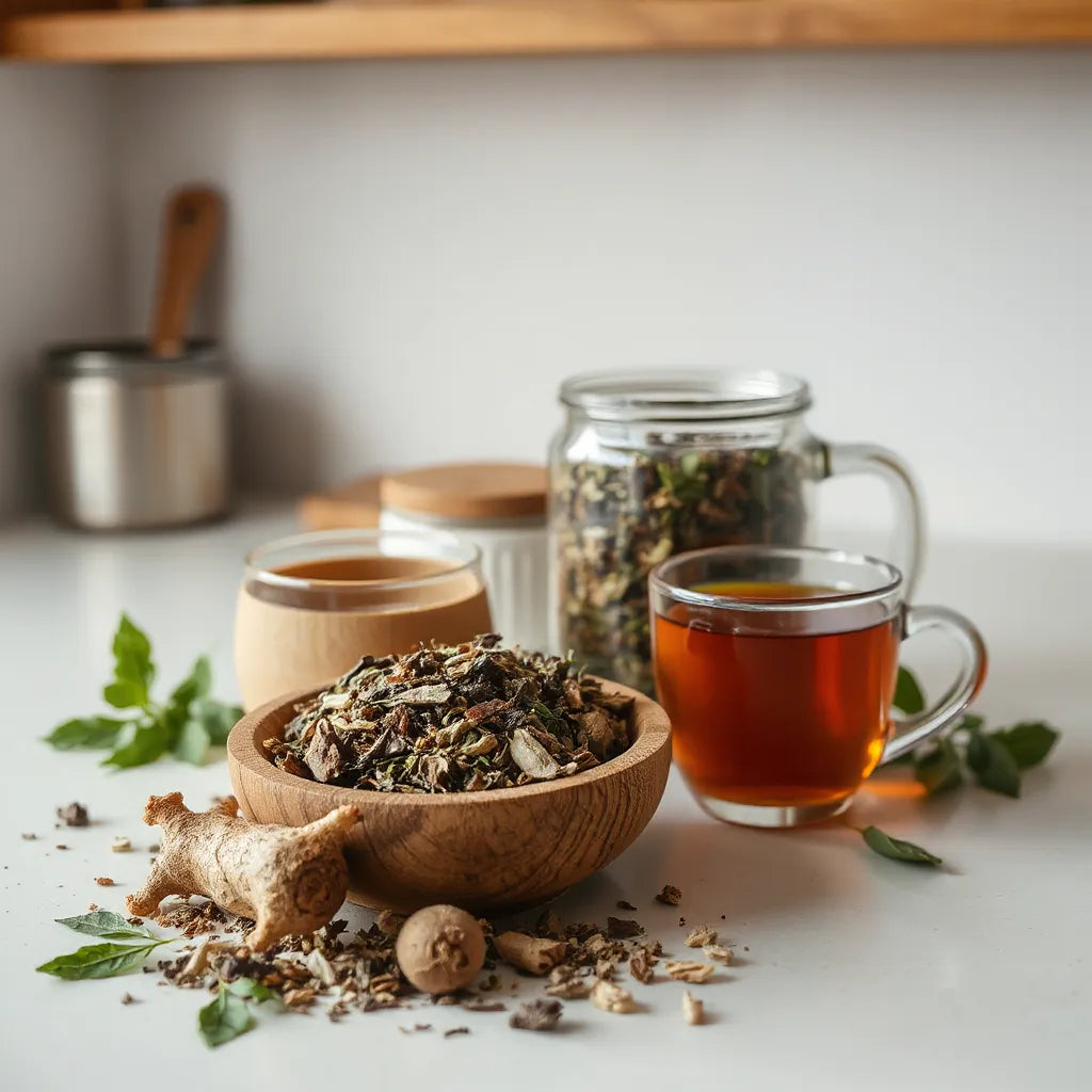 Glass jar and cup of herbal tea with dried herbs on a wooden countertop