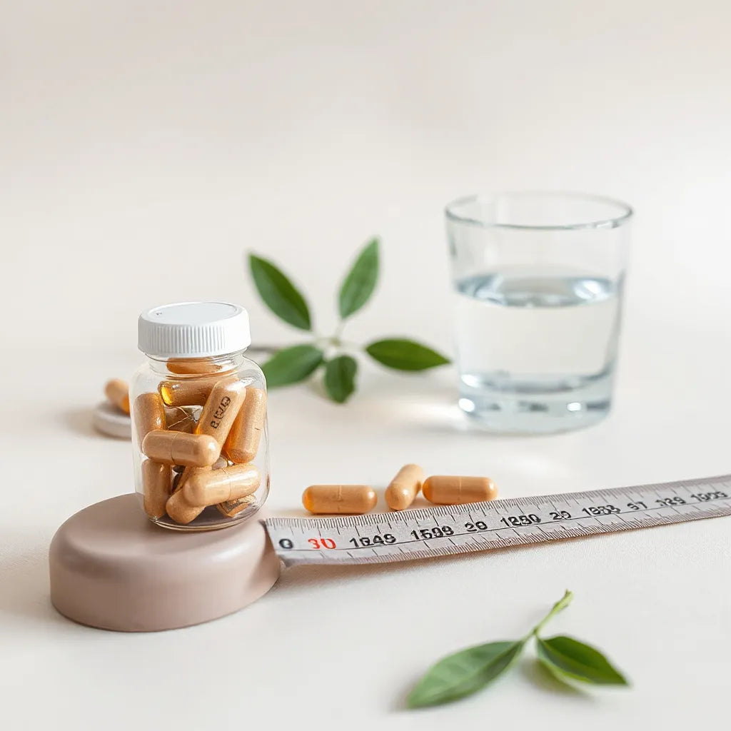 Stack of dietary capsules with a measuring tape and glass of water on a light background