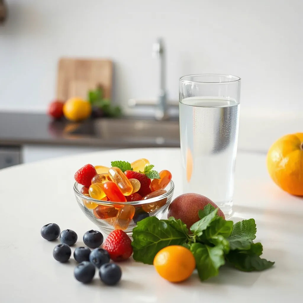 Mixed immune-focused vitamin supplements with fruits and leafy greens beside a glass of water on a countertop