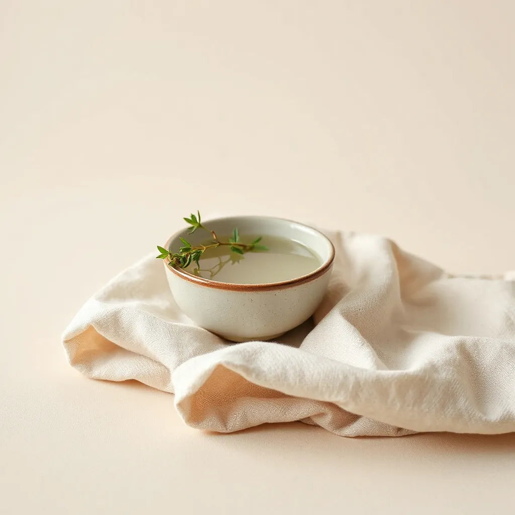 Bowl of water with fresh herbs on a linen cloth, evoking a gentle digestive cleanse routine