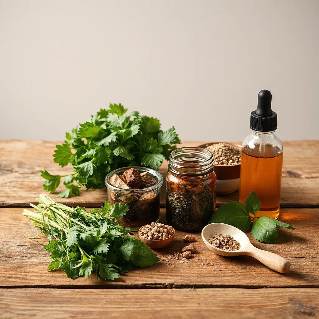 Fresh green vitality herbs on a wooden table with glass jars and an amber dropper bottle