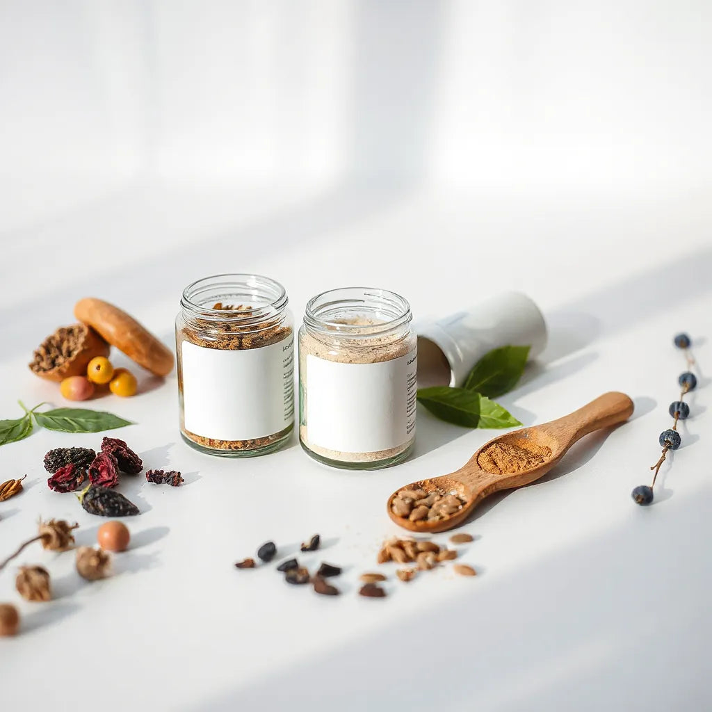 Plant-based supplement jars and scooped powder with dried botanicals on a clean white background