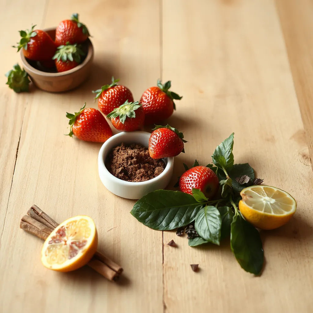 Assortment of natural ingredients like cacao, cinnamon, herbs, and strawberries on a wooden table