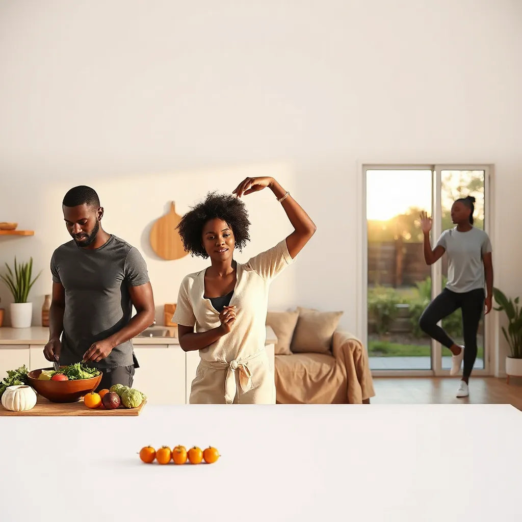 Diverse group of Black Americans practicing healthy routines with fresh food, stretching, and an outdoor walk