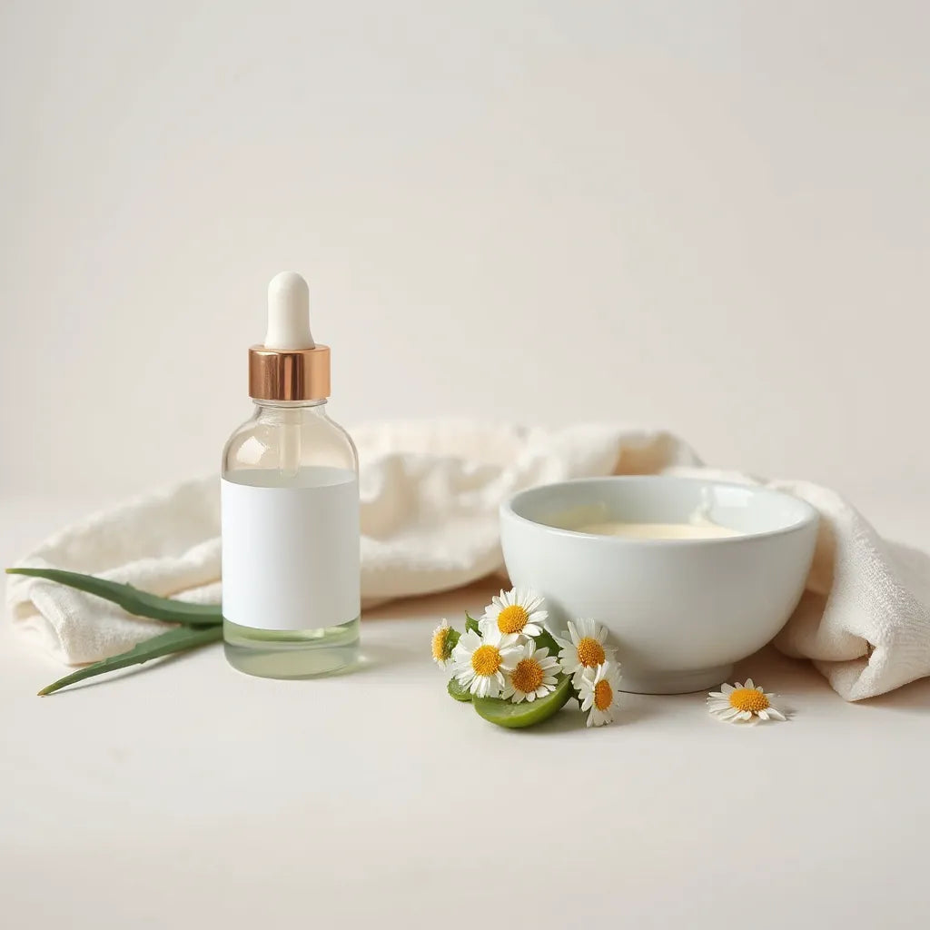 Natural cleanser bottle with creamy cleanser in a bowl, cotton cloth, and fresh botanicals on a light background