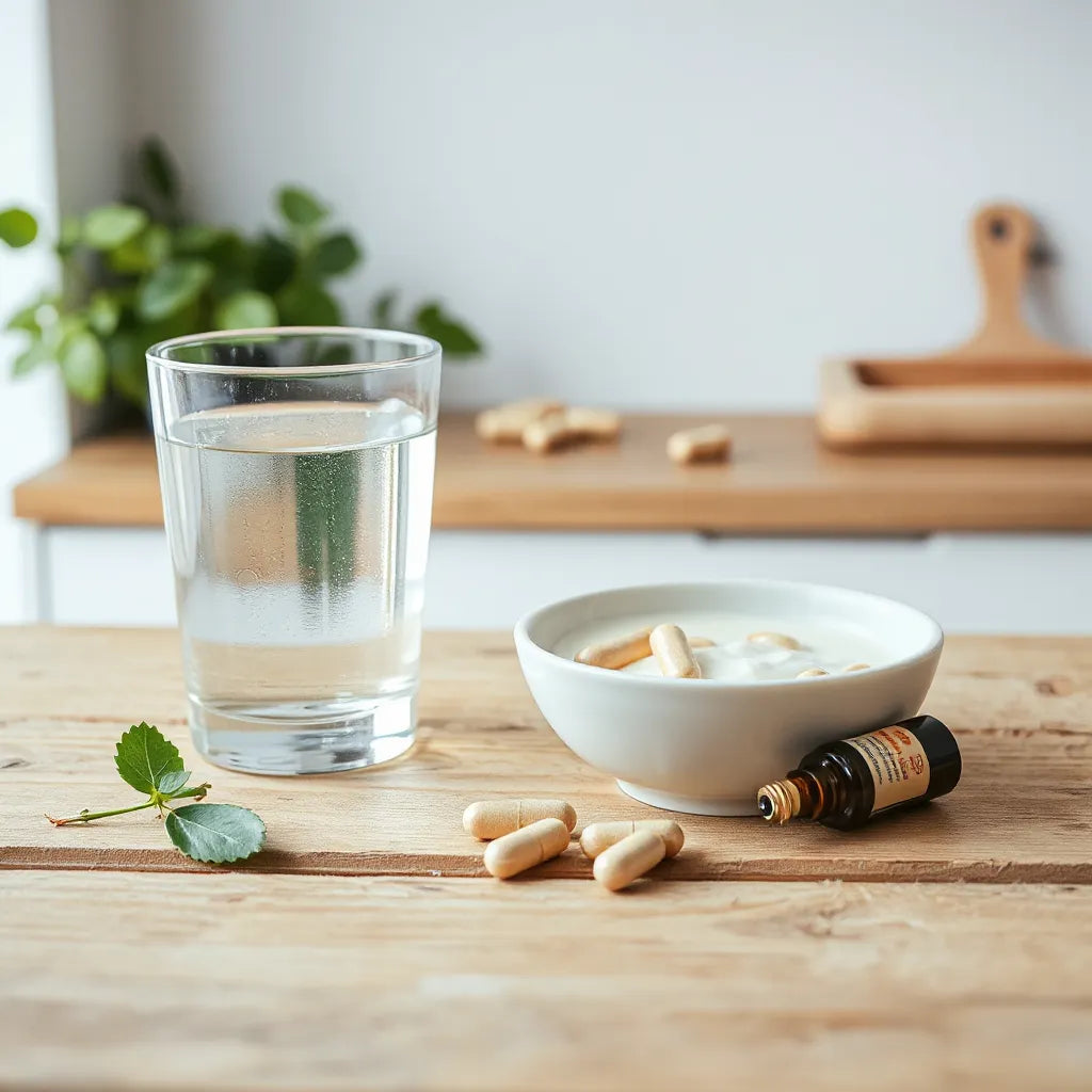 Gut supplement capsules beside a glass of water and probiotic ingredients on a kitchen counter