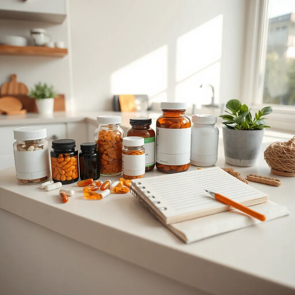 Assorted supplement containers and wellness items arranged neatly on a kitchen counter in soft natural light