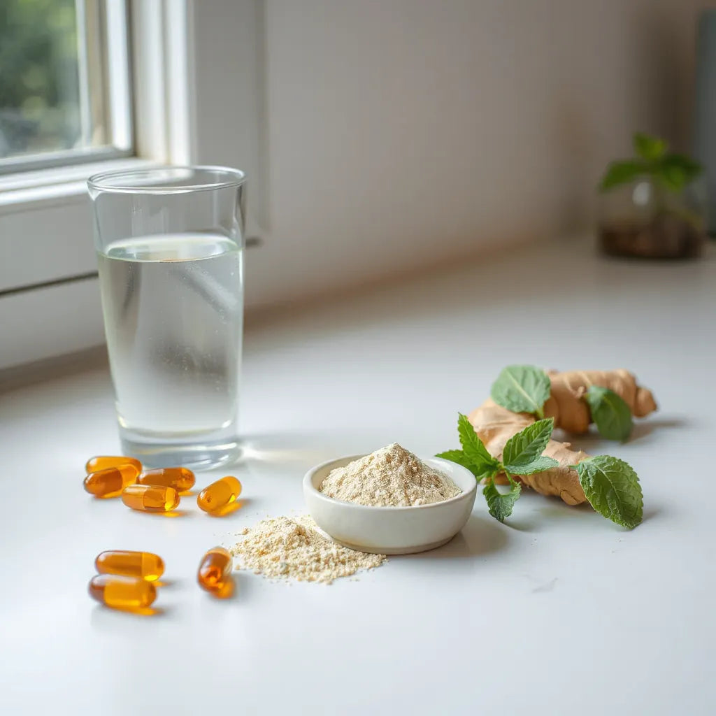 Amber capsules, herbal powder, and fresh ginger and mint on a clean kitchen counter
