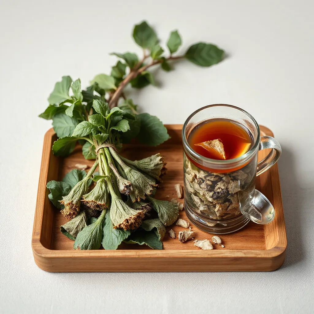Fresh and dried mullein leaves with a cup of herbal tea for lung detox support