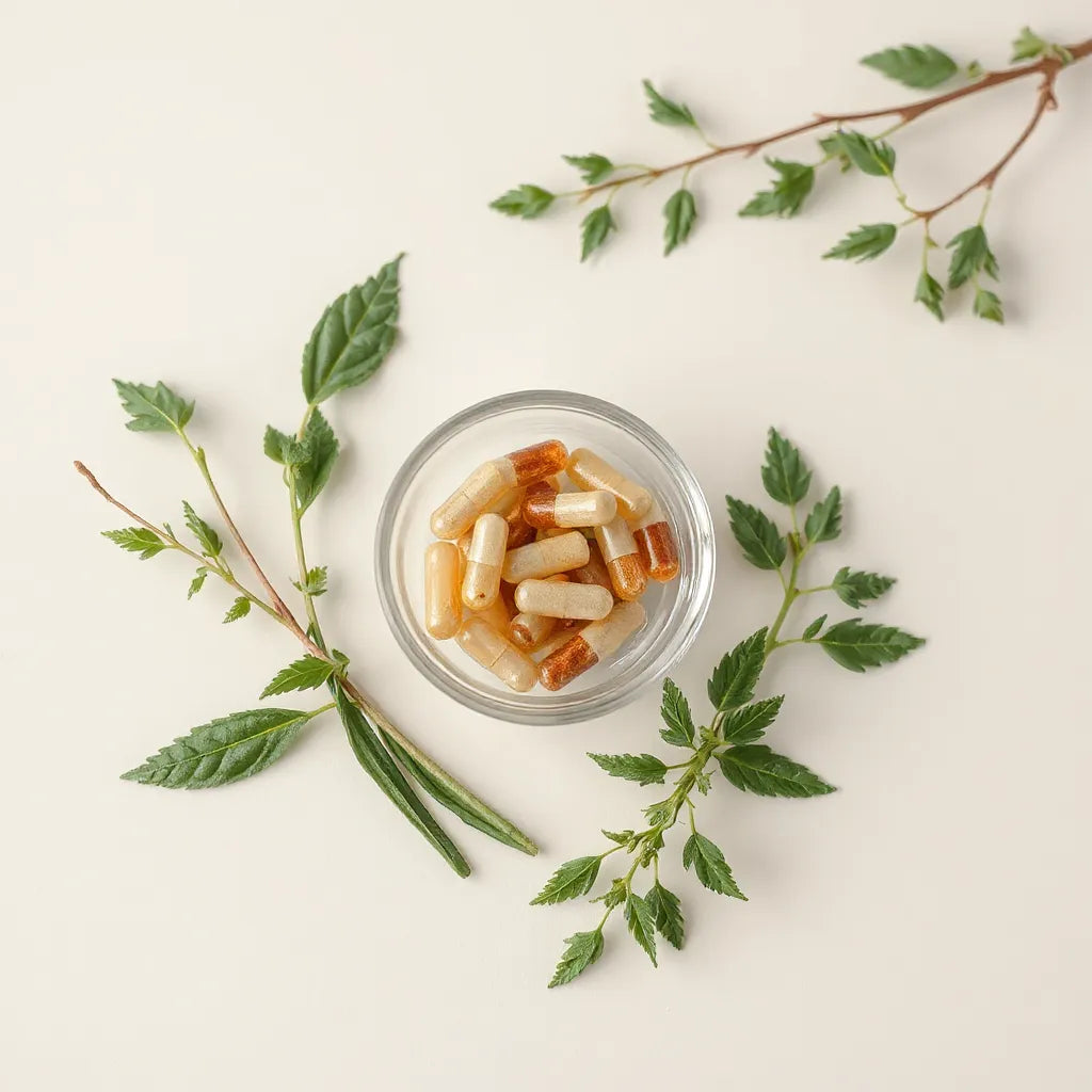 Non-GMO herbal capsules resting beside fresh green herbs on a light neutral background