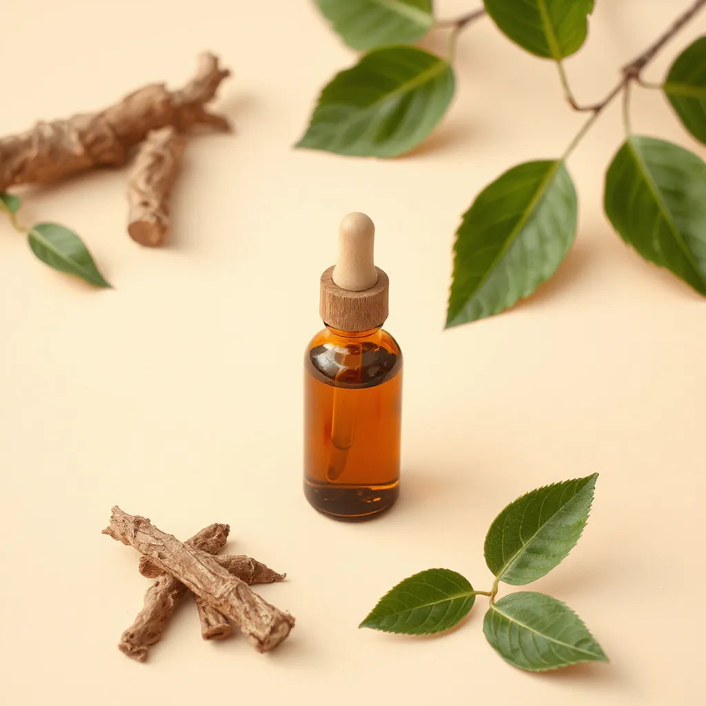 Amber bottle of tongkat ali liquid extract with a wooden dropper and tongkat ali root pieces